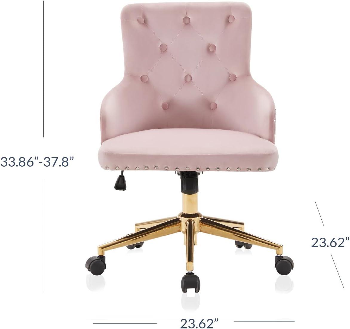 BELLEZE Belden Swivel Computer Desk Chair, Button-Tufted Upholstered Fabric with Nailhead Trim, Mid-Back Accent Armchair Adjustable Height, Pink & Gold