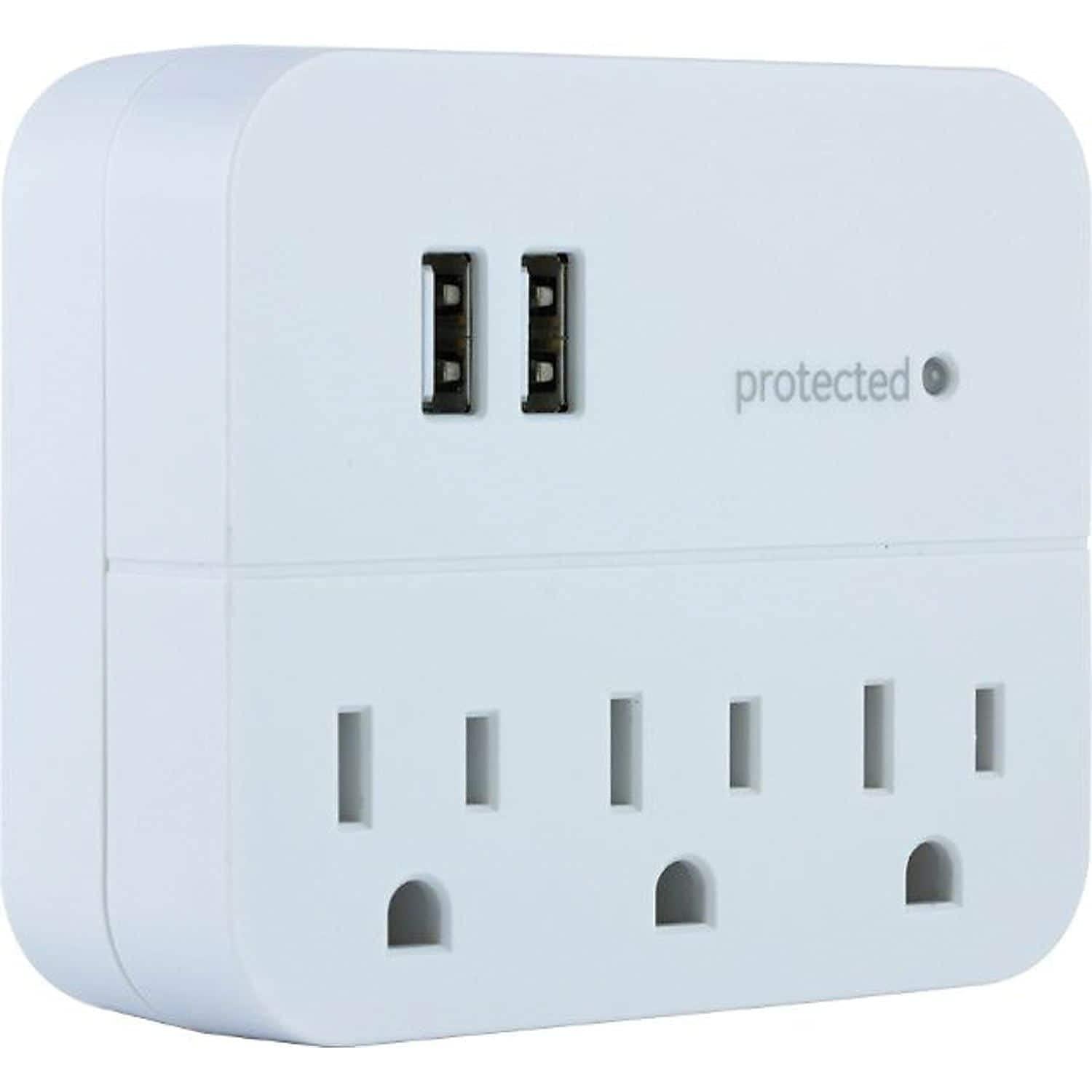 GE 3-Outlet Surge Protector Tap with USB Charging, White - 14512