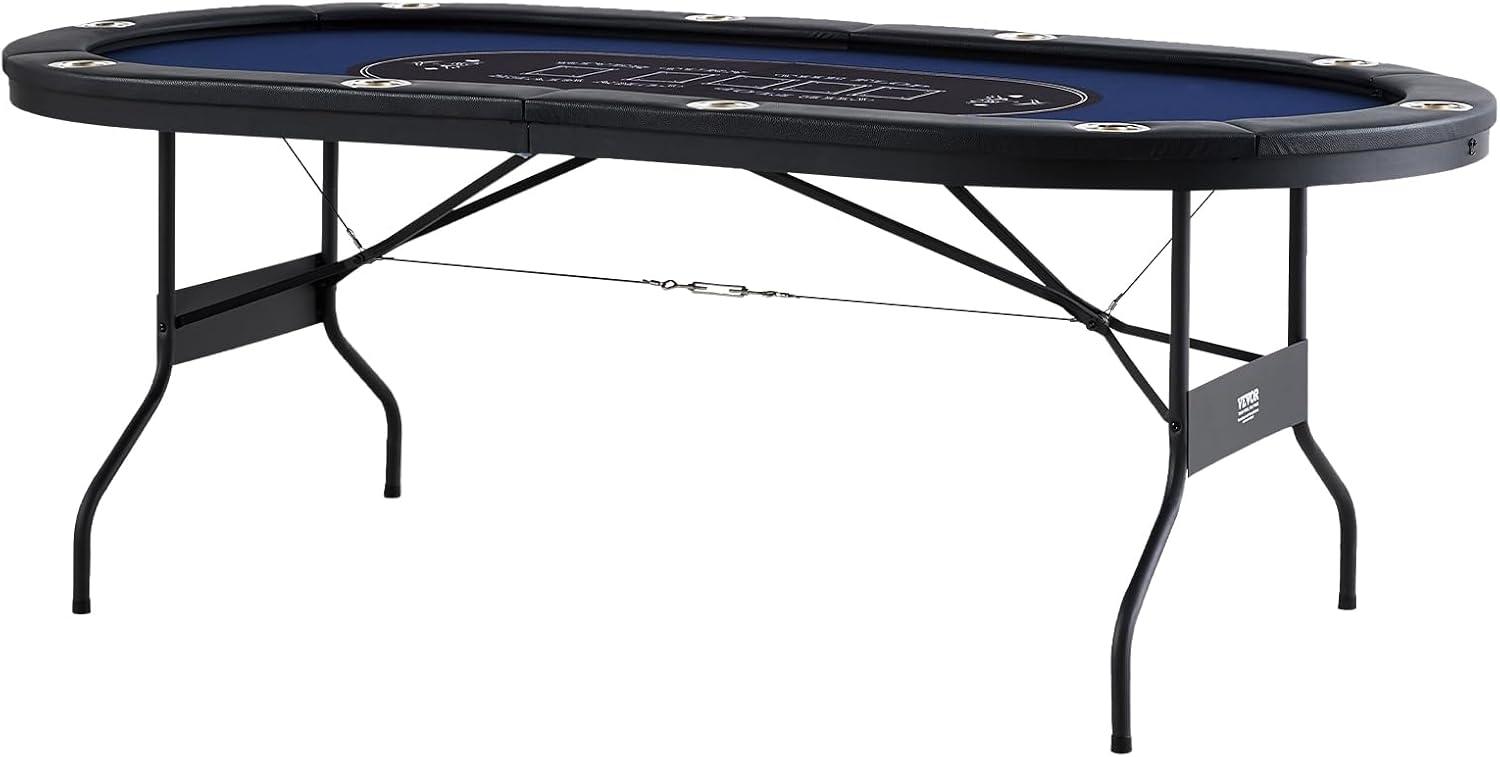 VEVOR 10 Player Poker Table Foldable, Portable Folding Card Board Game Table, Blackjack Texas Holdem Table with Padded Rails and Stainless Steel Cup Holders,Blue (84 in), Casino Leisure Table