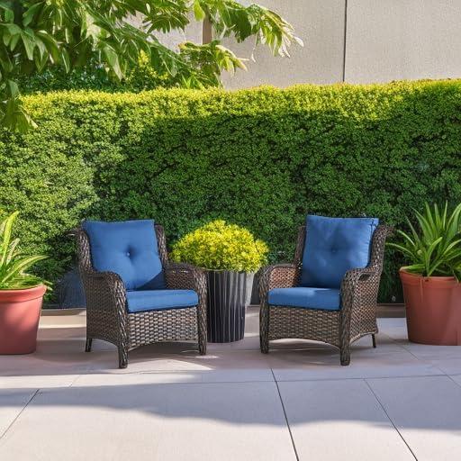 PARKWELL Outdoor Wicker Patio Chairs Set of 2,Lounge Chairs with Cushions for Porch Balcony Backyard,Brown Wicker and Blue Cushions