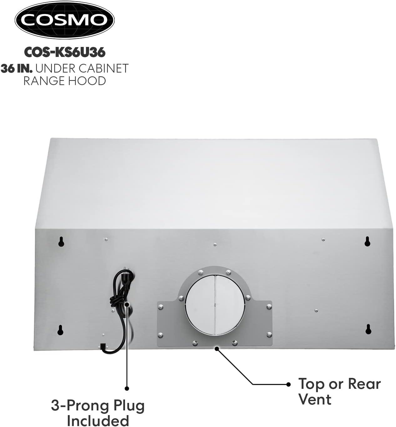 Cosmo 36" Stainless Steel 500 CFM Ducted (Vented) Under Cabinet Range Hood with Baffle Filter