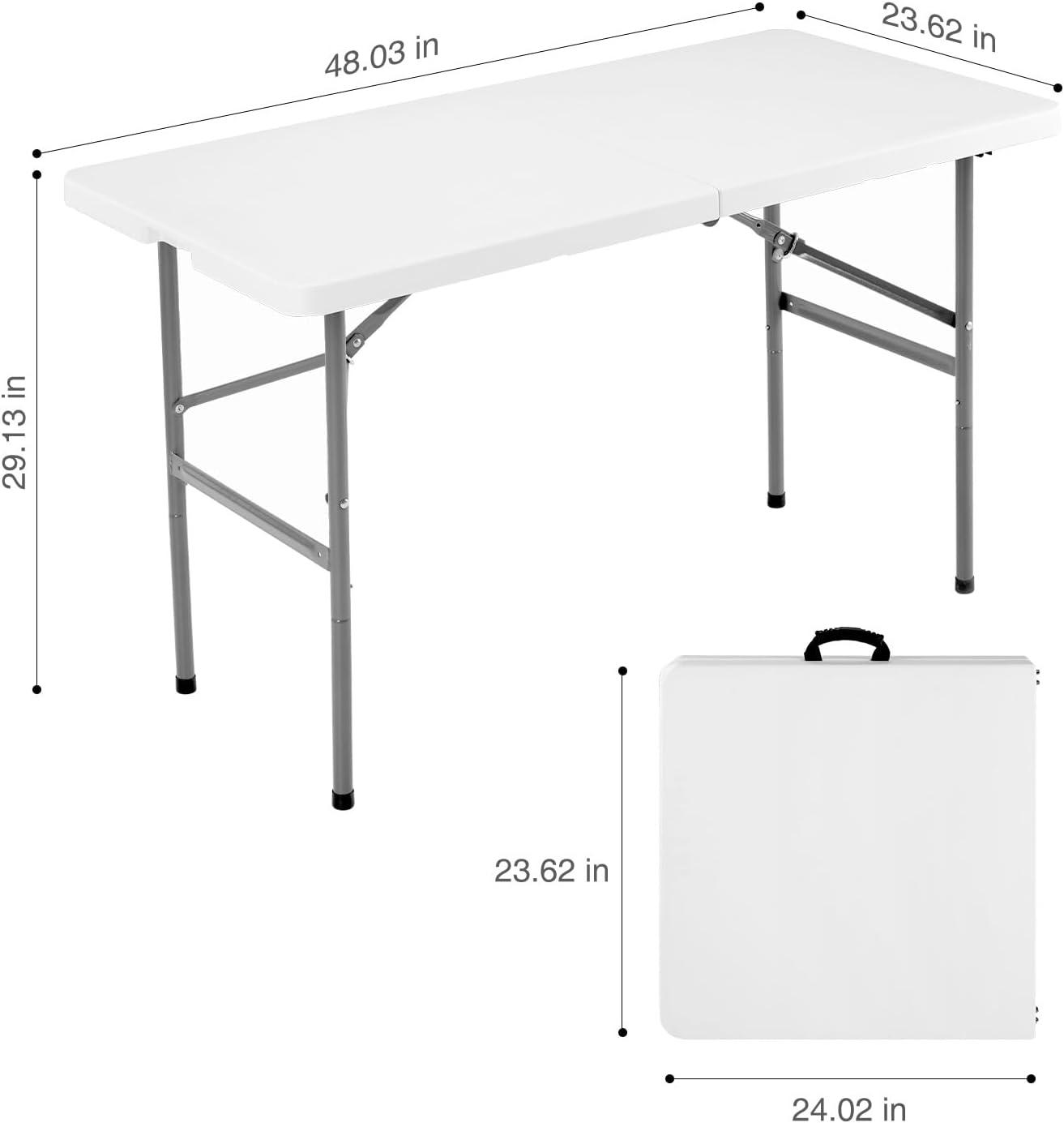 4 ft Portable Folding Table, Idustrial Heavy-Duty Foldable Table, HDPE Plastic Table, with Carrying Handle, Locks, Stright Legs for Indoor & Outdoor Party, Barbeque, Camping, Board Games - White