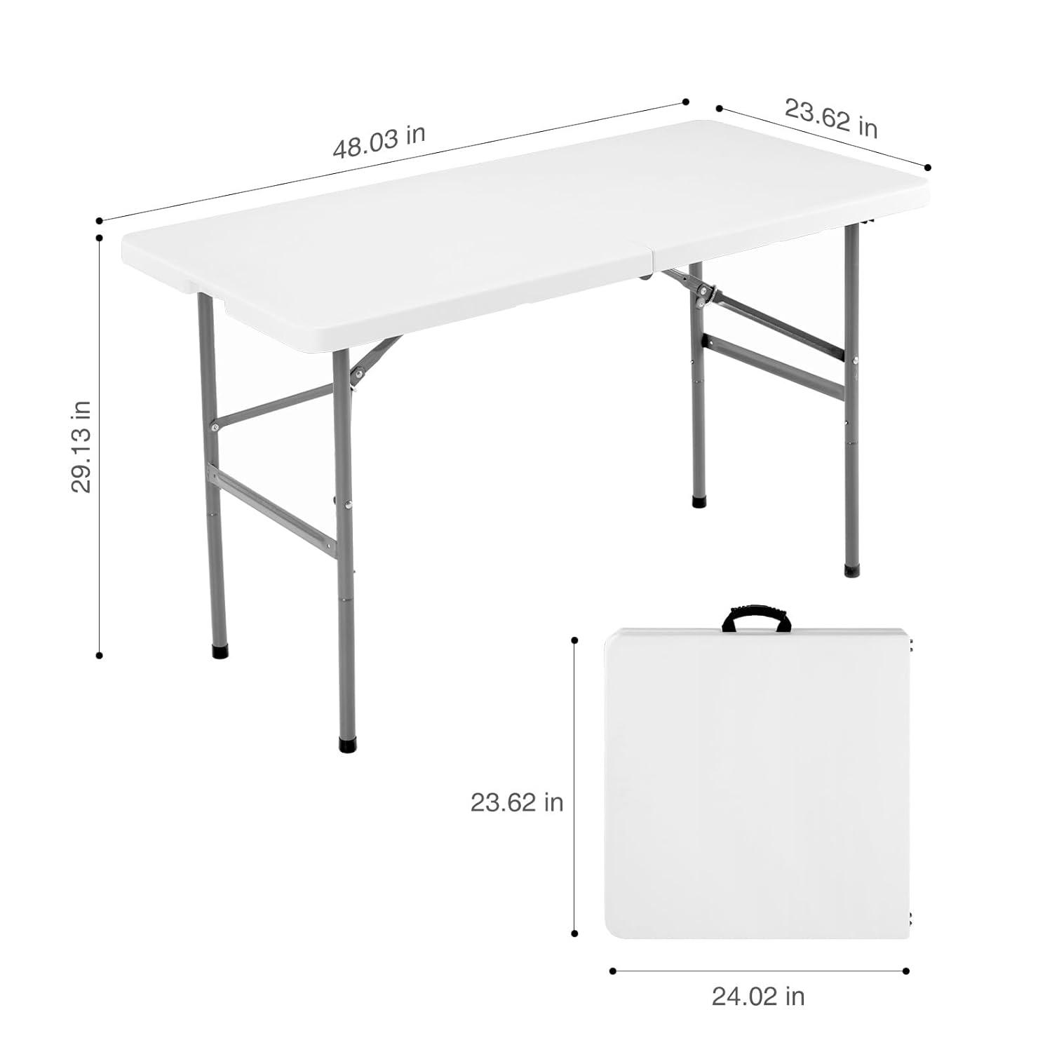 4 ft Portable Folding Table, Idustrial Heavy-Duty Foldable Table, HDPE Plastic Table, with Carrying Handle, Locks, Stright Legs for Indoor & Outdoor Party, Barbeque, Camping, Board Games - White