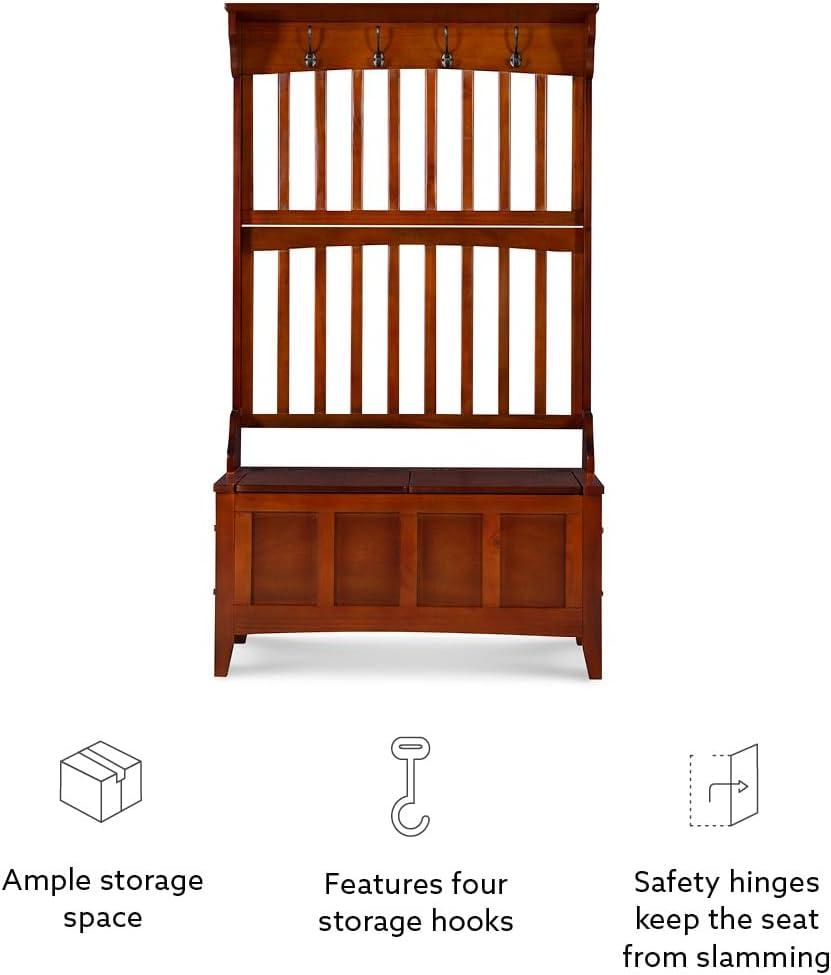 Misson Traditional 4 Double Hooks Storage Bench Top Shelf Hall Tree Walnut Finish - Linon: Entryway Organizer, Flip-up Seat