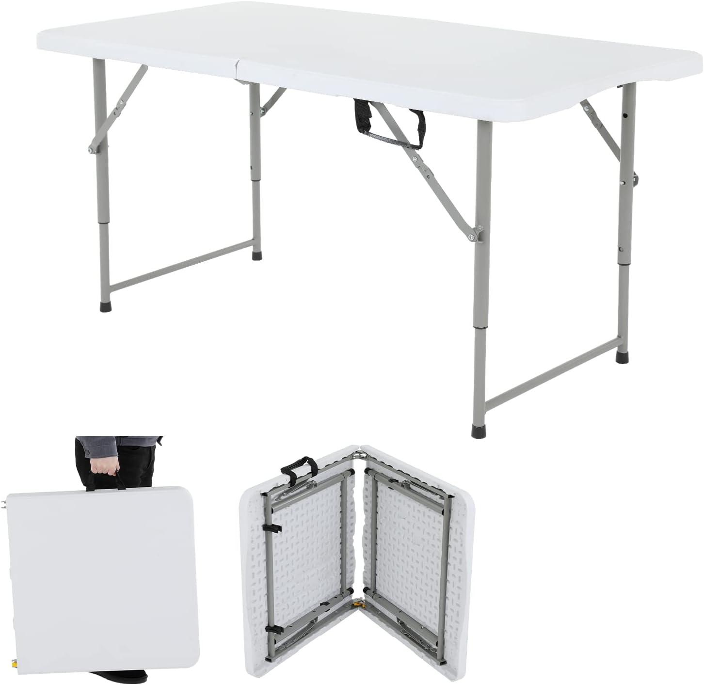 CL.HPAHKL 4 ft Folding Table with 3 Adjustable Height, Small Plastic Foldable Table with Carrying Handle, Portable Camping Table Fold in Half for Indoor Outdoor Camping, Picnic and Party, White