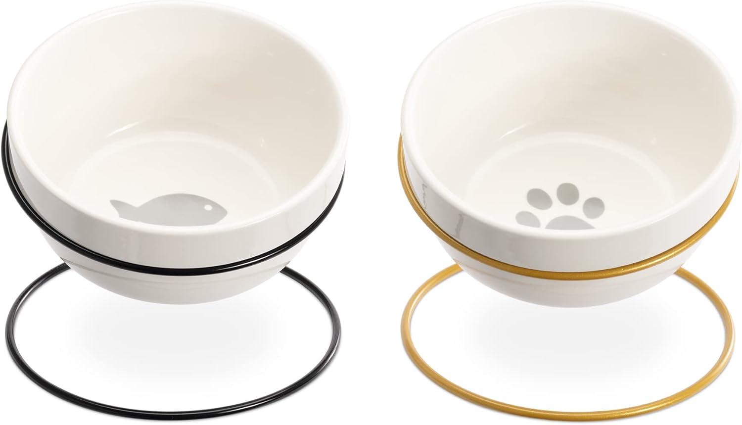 Navaris Tilted Pet Bowls with Stand (Set of 2) - Elevated Ceramic Cat Food Bowl Set for Cats and Small Dogs with Metal Wire Stands - Black and Gold