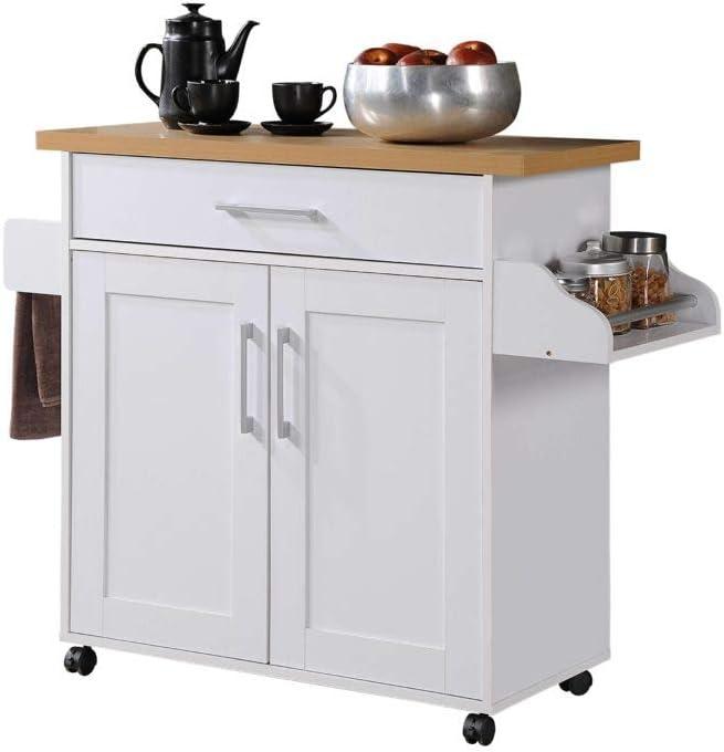 Hodedah Import Portable Kitchen Prep Storage Cart Island with Locking Wheels, Shelved Cabinet, Drawer, Spice Rack, and Towel Holder, Multicolor