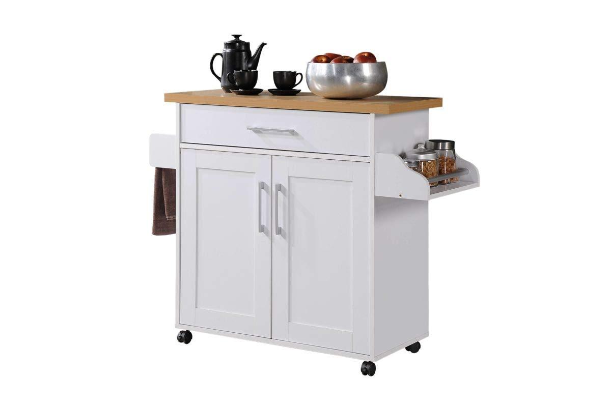 Hodedah Import Portable Kitchen Prep Storage Cart Island with Locking Wheels, Shelved Cabinet, Drawer, Spice Rack, and Towel Holder, Multicolor