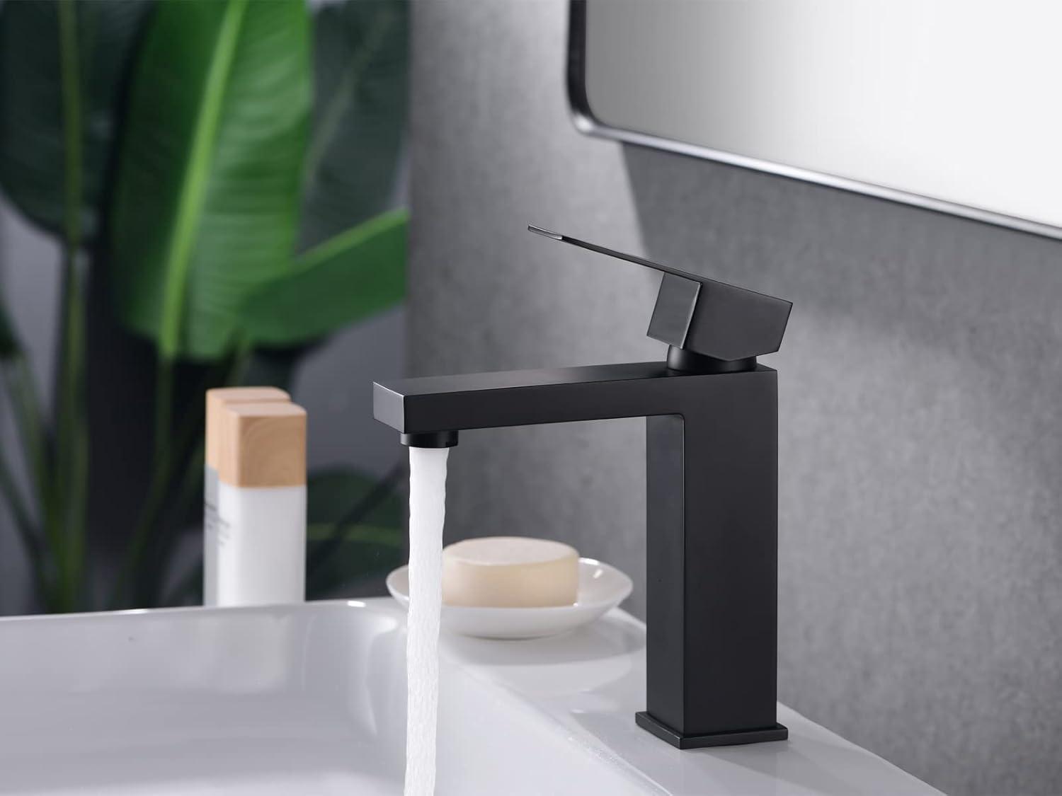 Matte Black Modern Single Hole Bathroom Faucet with Supply Lines