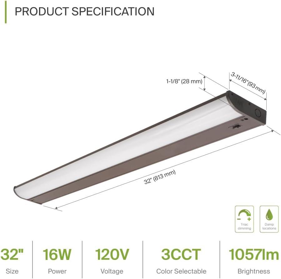 ASD LED Under Cabinet Lighting Bronze, 32 inch 16W 1057 LM, Dimmable Hardwired Under Cabinet Lights for Kitchen, 3000K Soft/4000K Cool/5000K Daylight, Under Counter Light Fixtures, ETL Energy Star