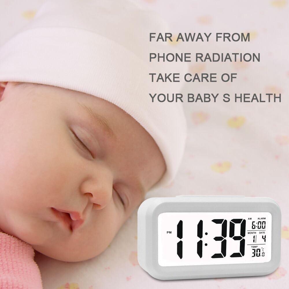 Indoor Temperature Alarm Clock for Bedrooms, Smart Night Light, Battery Operated Small Easy Desk Bedside Gifts Clock-White