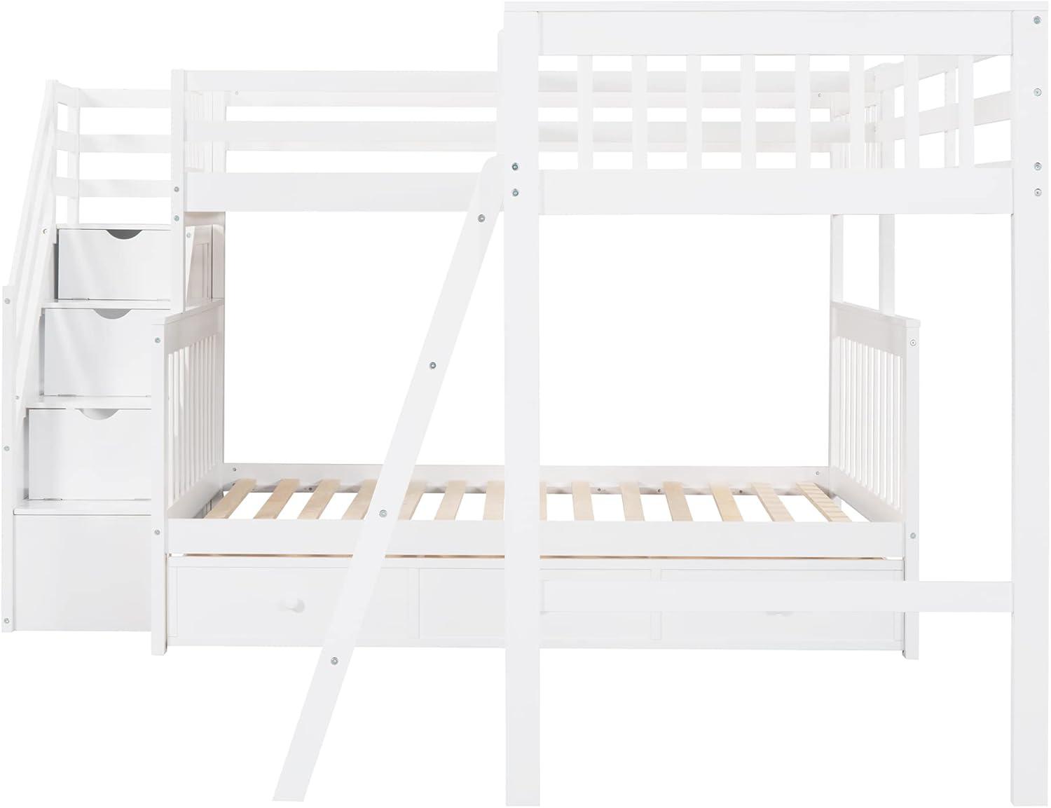 L Shaped Bunk Bed for 3, Triple Bunk Bed with 3 Drawers and Storage Stairs, Twin Over Full Bunk Bed & Twin Size Loft Bed, Wood Corner Beds for Kids, Teens, Adults. No Box Spring Needed(White)