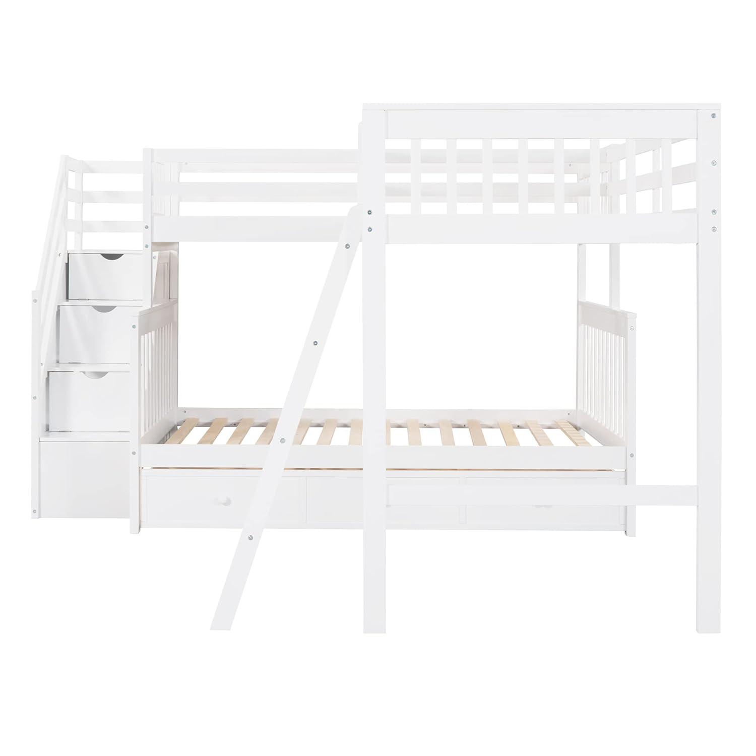 L Shaped Bunk Bed for 3, Triple Bunk Bed with 3 Drawers and Storage Stairs, Twin Over Full Bunk Bed & Twin Size Loft Bed, Wood Corner Beds for Kids, Teens, Adults. No Box Spring Needed(White)