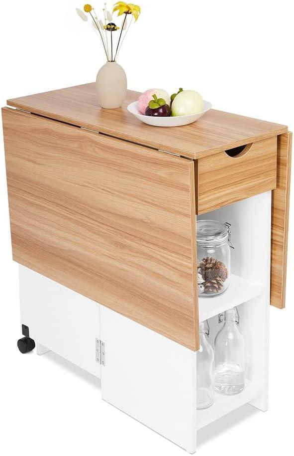 Mobile Folding Dining Table, Drop Leaf Table with 1 Drawer and 2 Open Storage Shelves for Small Space Dining Room Kitchen, White & Red Oak