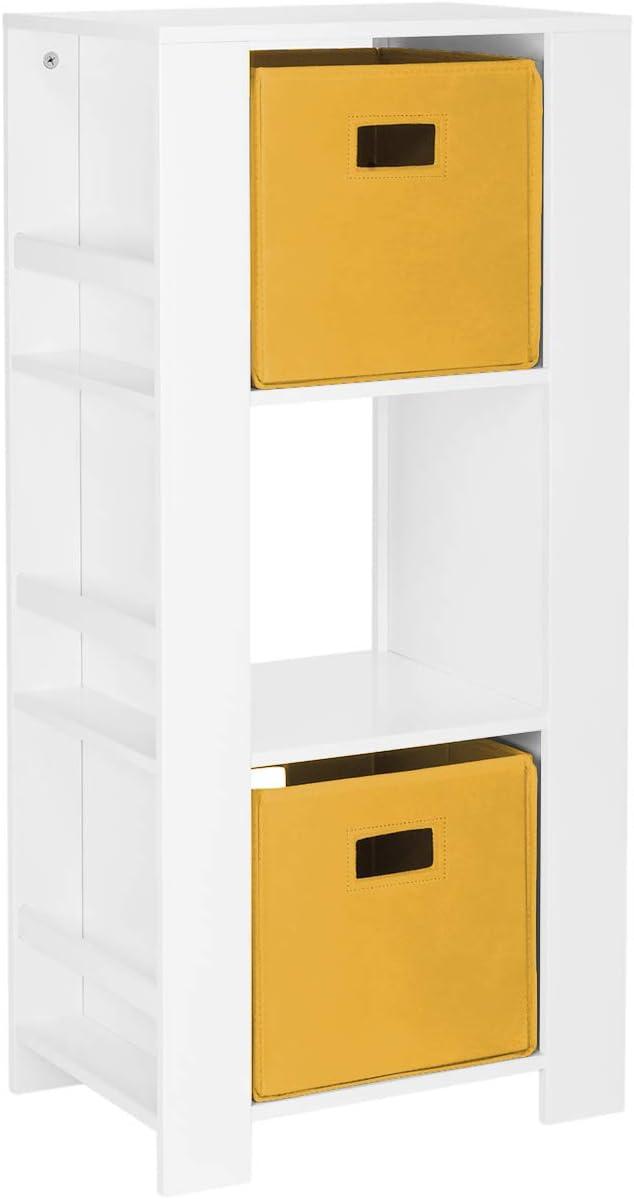 RiverRidge Home RiverRidge Book Nook Kids Bookshelf and Toy Organizer Tower with 3 Cubbies and 6 Bookracks for Playroom, Nursery, and Reading Nook - White with 2 Fabric Bins