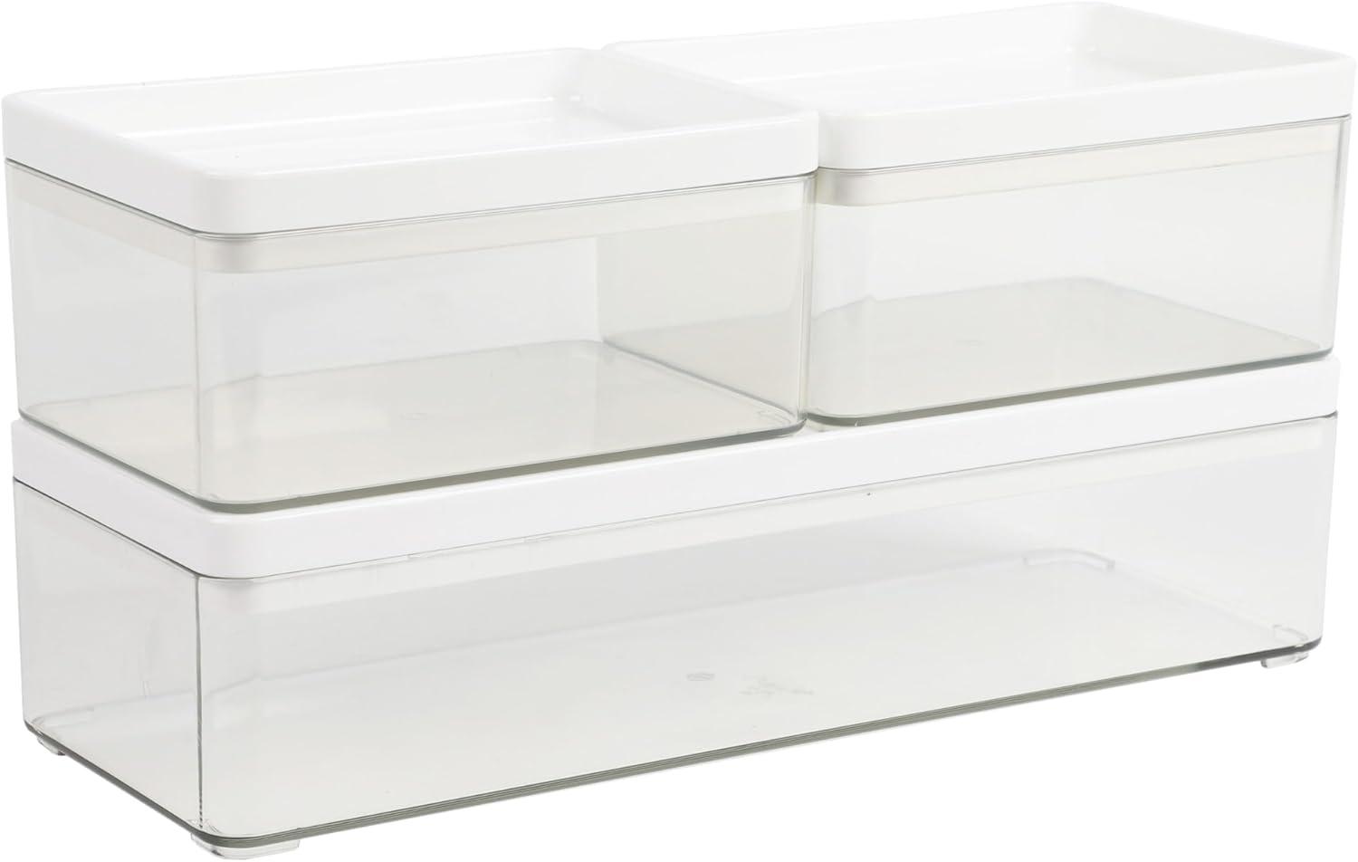 Clear Stackable Plastic Storage Boxes with White Lids, Set of 3