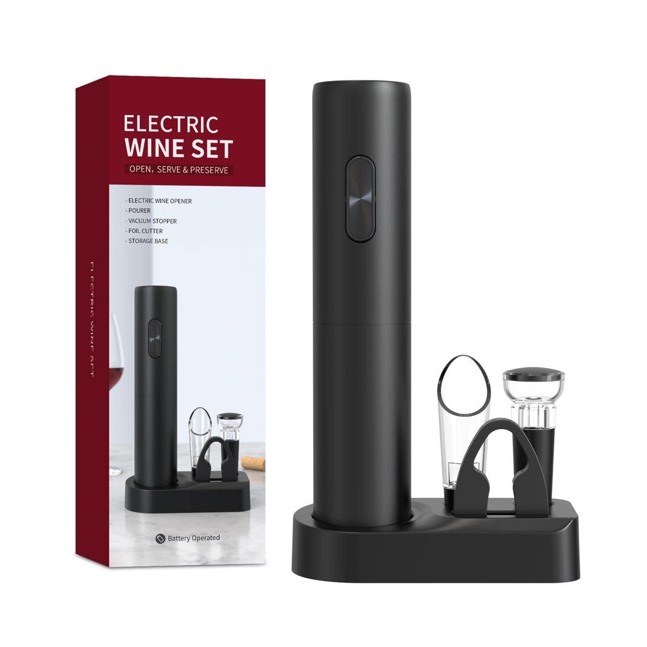 Electric Wine Opener Set, Rechargeable Electric Wine Bottle Opener with Charging Base, Foil Cutter, Wine Aerator and Vacuum Stopper, Gifts for Wine Lovers, Black