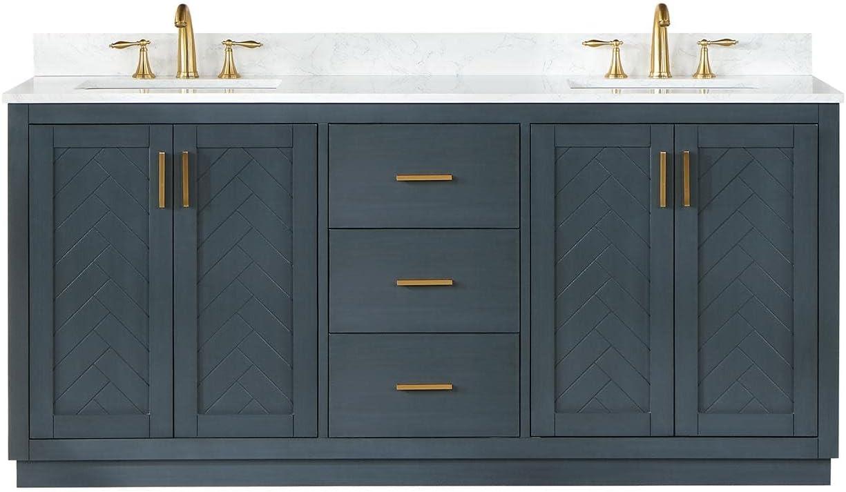 Gazsi 72" Double Bathroom Vanity Set in Charcoal Blue with Grain White Composite Stone Countertop without Mirror