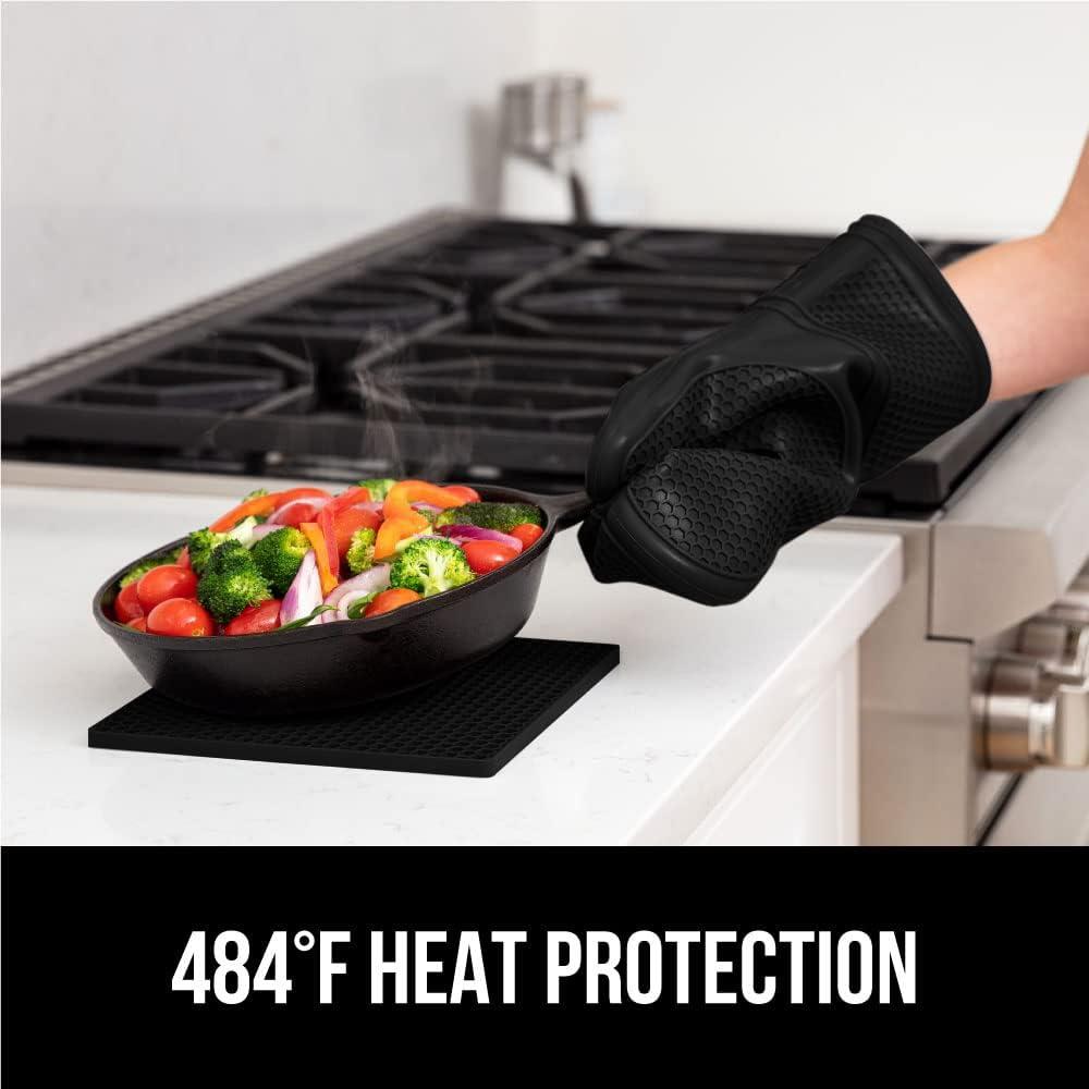 Gorilla Grip Heat and Slip Resistant Silicone Oven Mitts and Trivet Set, Waterproof, BPA-Free Set of 4, Black