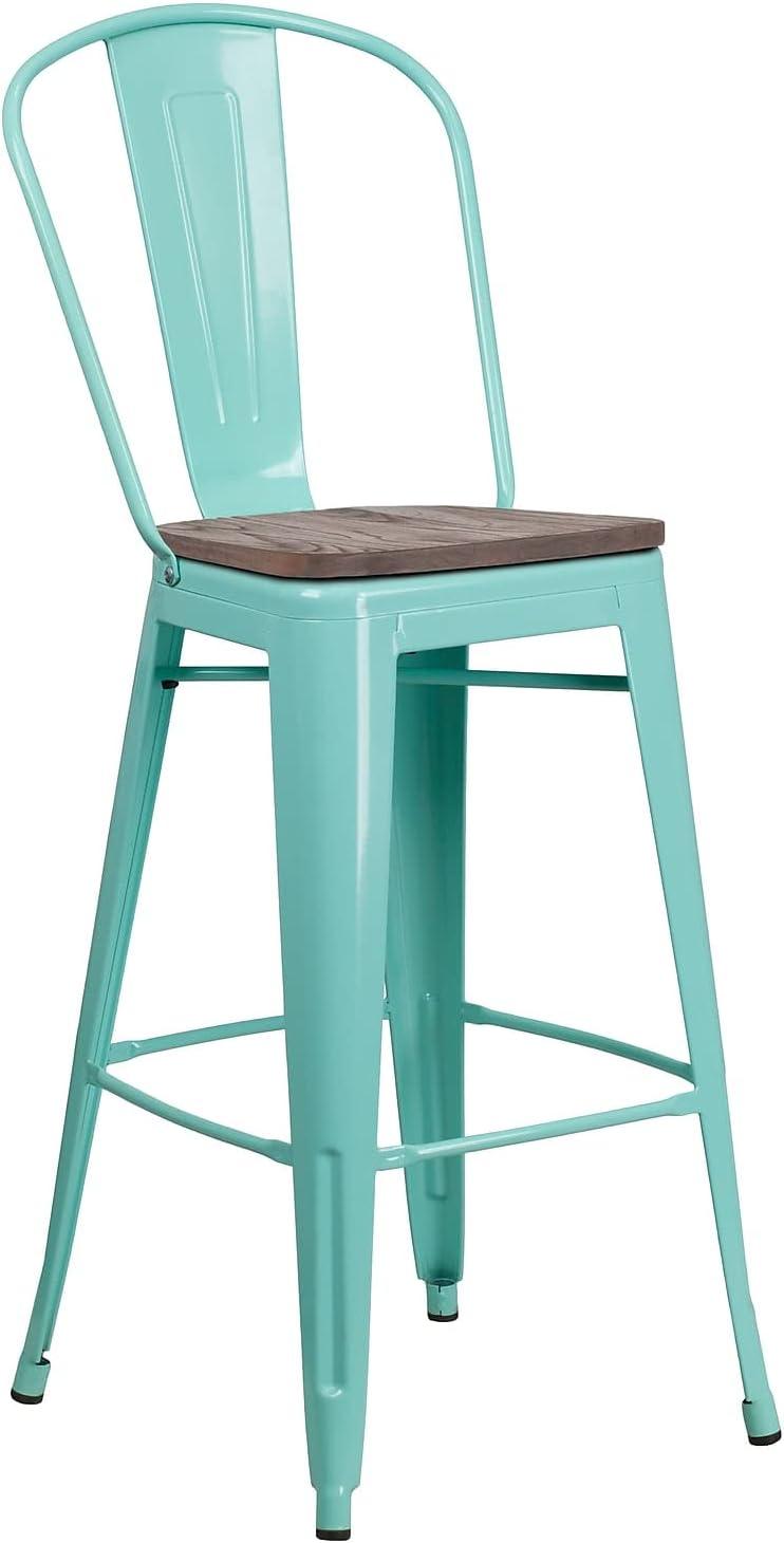 Flash Furniture 30" High Mint Green Metal Barstool with Back and Wood Seat