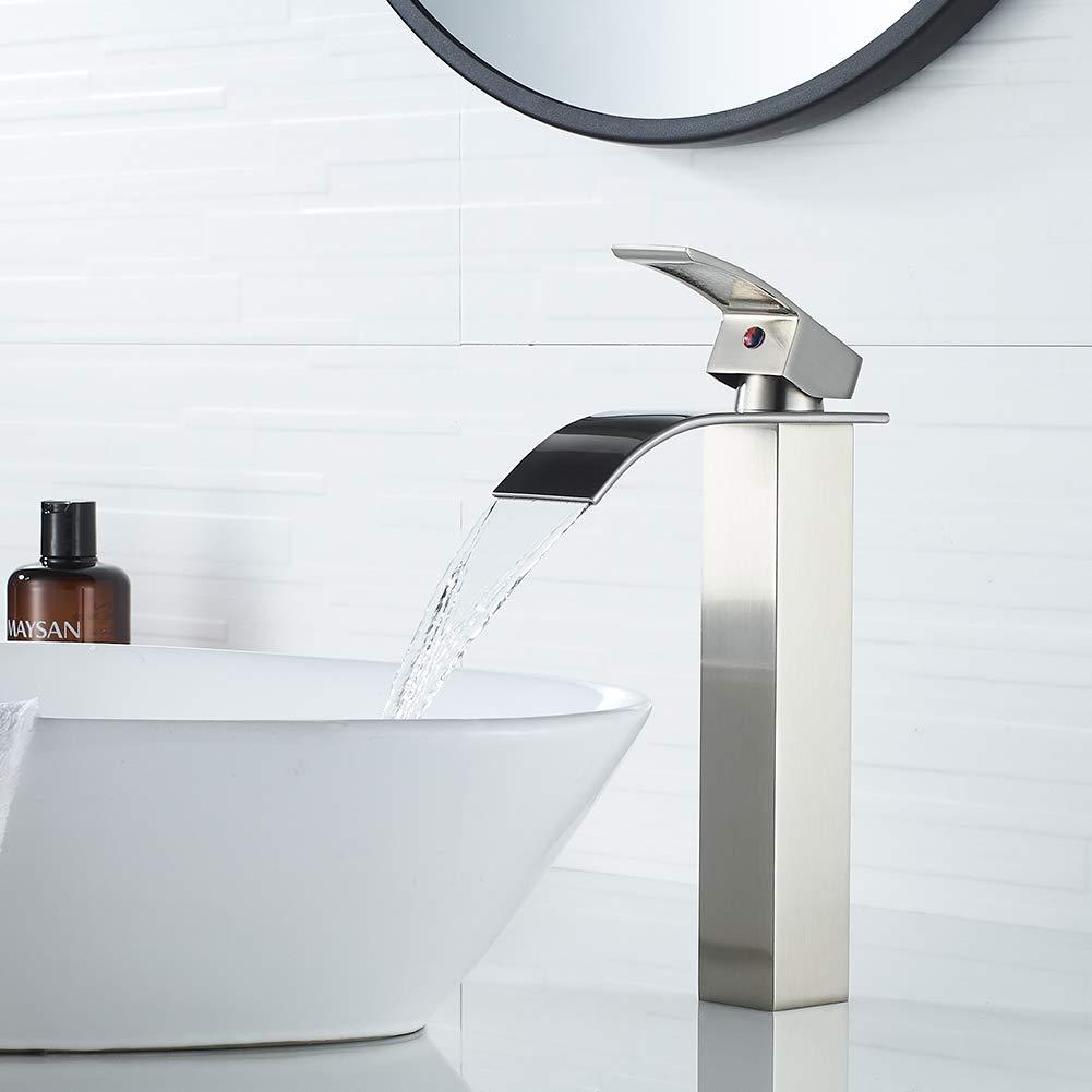 VOTON Vessel Sink Faucet Brushed Nickel Modern Tall Waterfall Bathroom Sink Faucet Single Handle Bathroom Faucet 1 Hole Bowl Lavatory Vanity Faucet, Rv Sink Camper Farmhouse Bathroom Faucet