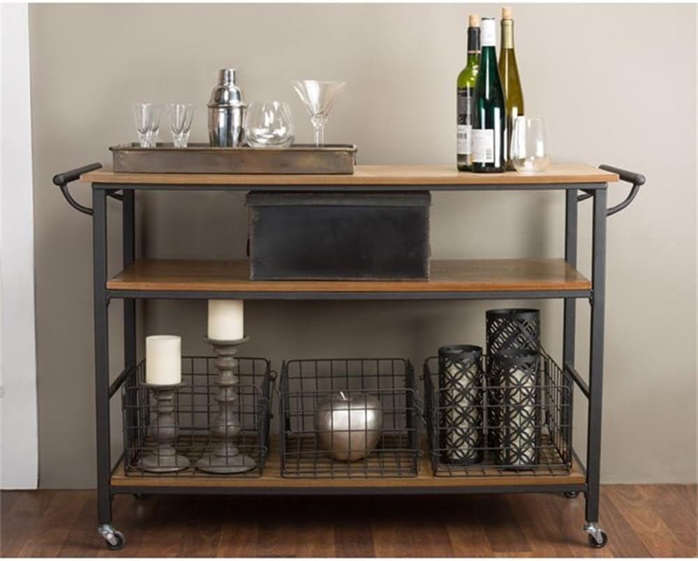 Brown and Bronze Wood Metal Kitchen Cart with Storage