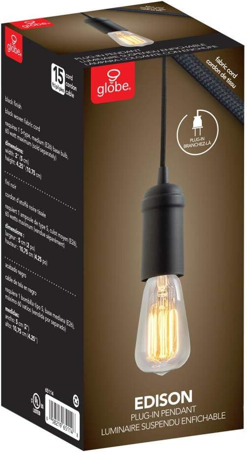 Globe Electric Edison 1-Light Matte Black Plug-In Pendant, 65114