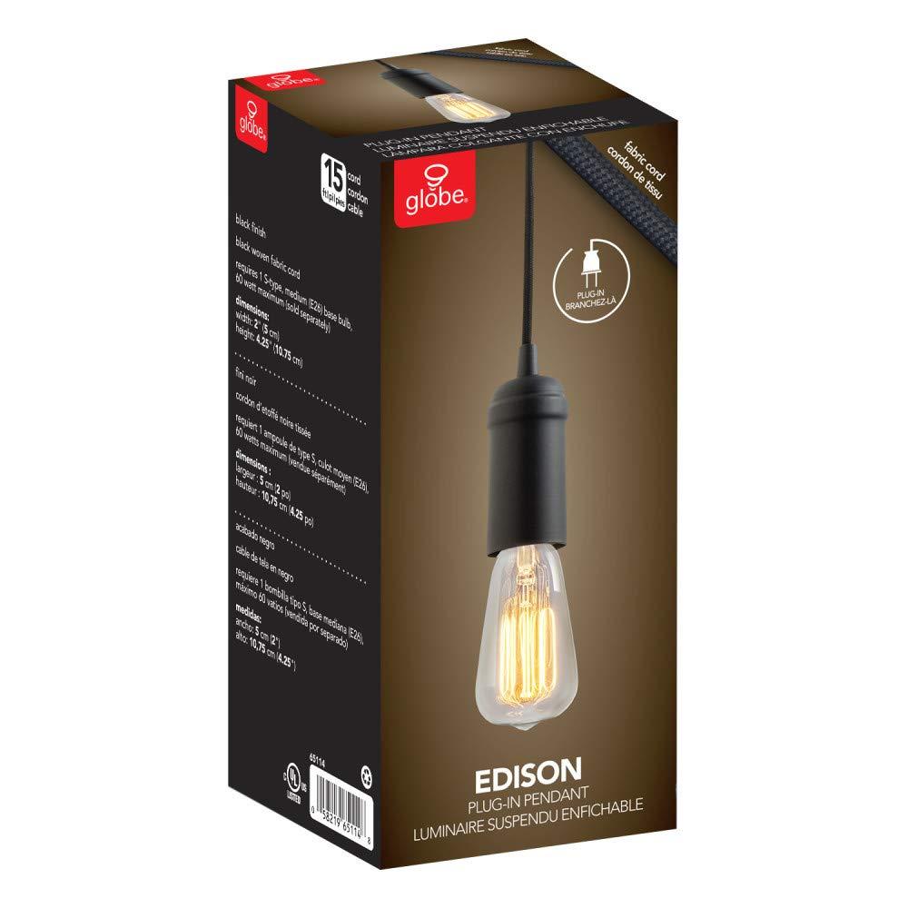 Globe Electric Edison 1-Light Matte Black Plug-In Pendant, 65114