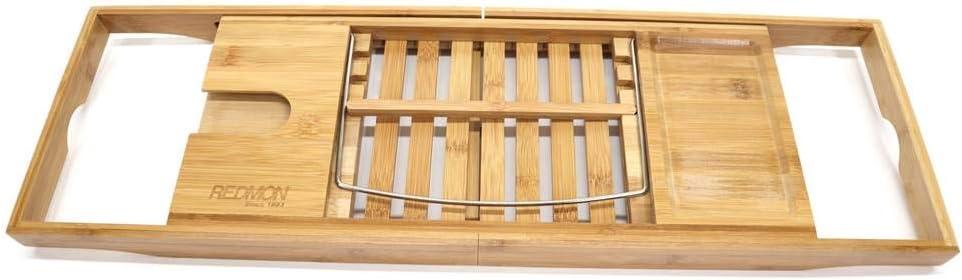 Bamboo Bath Caddy with Reader Stand and Wine Glass Holder, Adjustable Width to 41 Inches