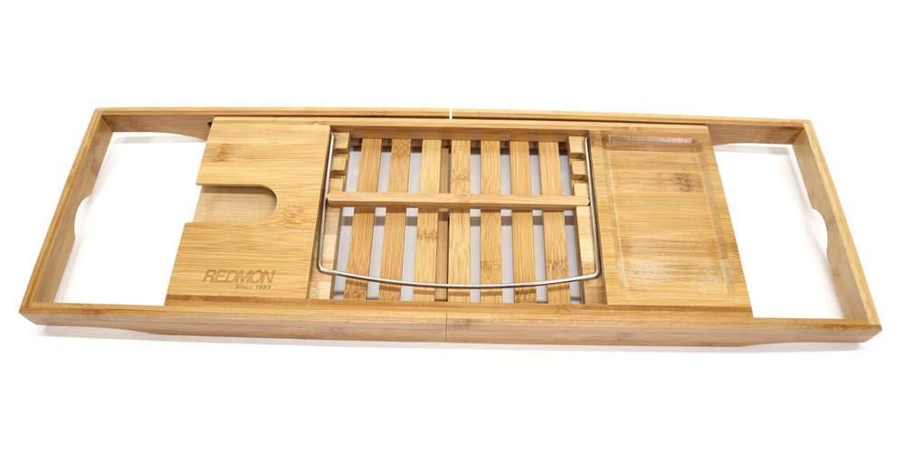 Bamboo Bath Caddy with Reader Stand and Wine Glass Holder, Adjustable Width to 41 Inches