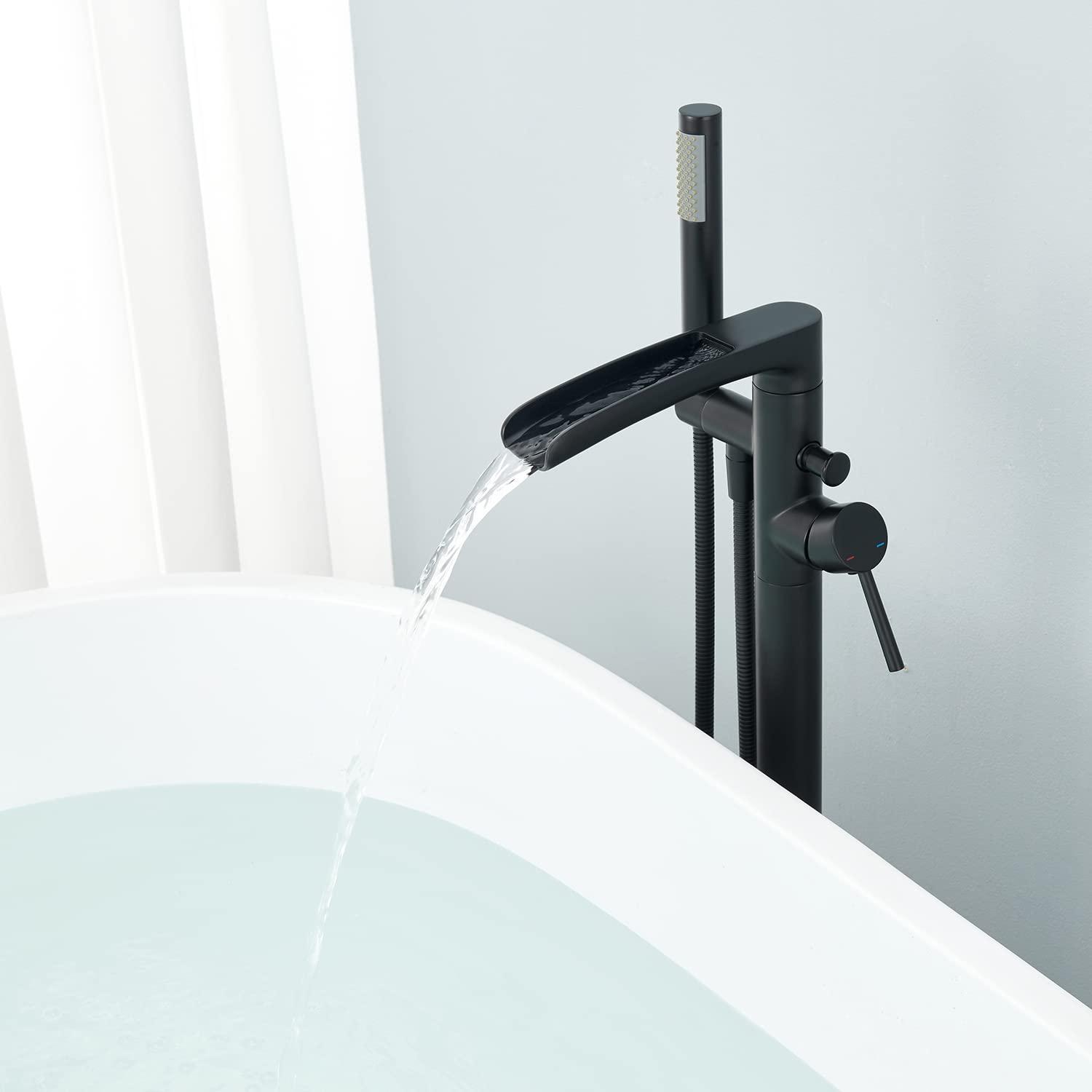 MOGFCT Waterfall Freestanding Bathtub Faucet Set Single Handle Floor Mount Tub Filler with Hand Shower ,Matte Black