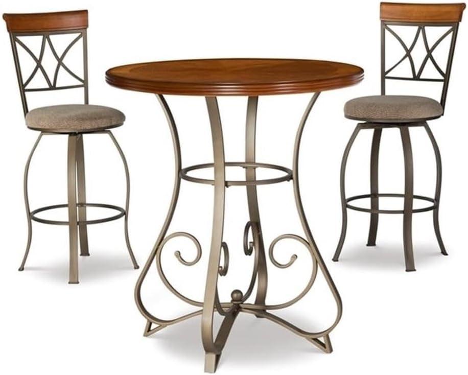 Hamilton 3-Piece Bar Height Pub Set with Swivel, Brushed Faux Medium Cherry Wood with "Matte Pewter and Bronze" Metal