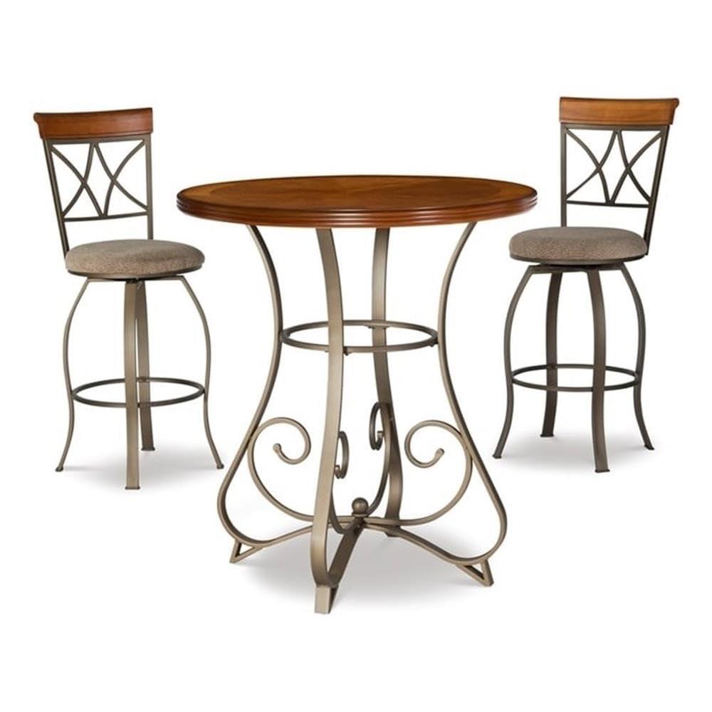 Hamilton 3-Piece Bar Height Pub Set with Swivel, Brushed Faux Medium Cherry Wood with "Matte Pewter and Bronze" Metal