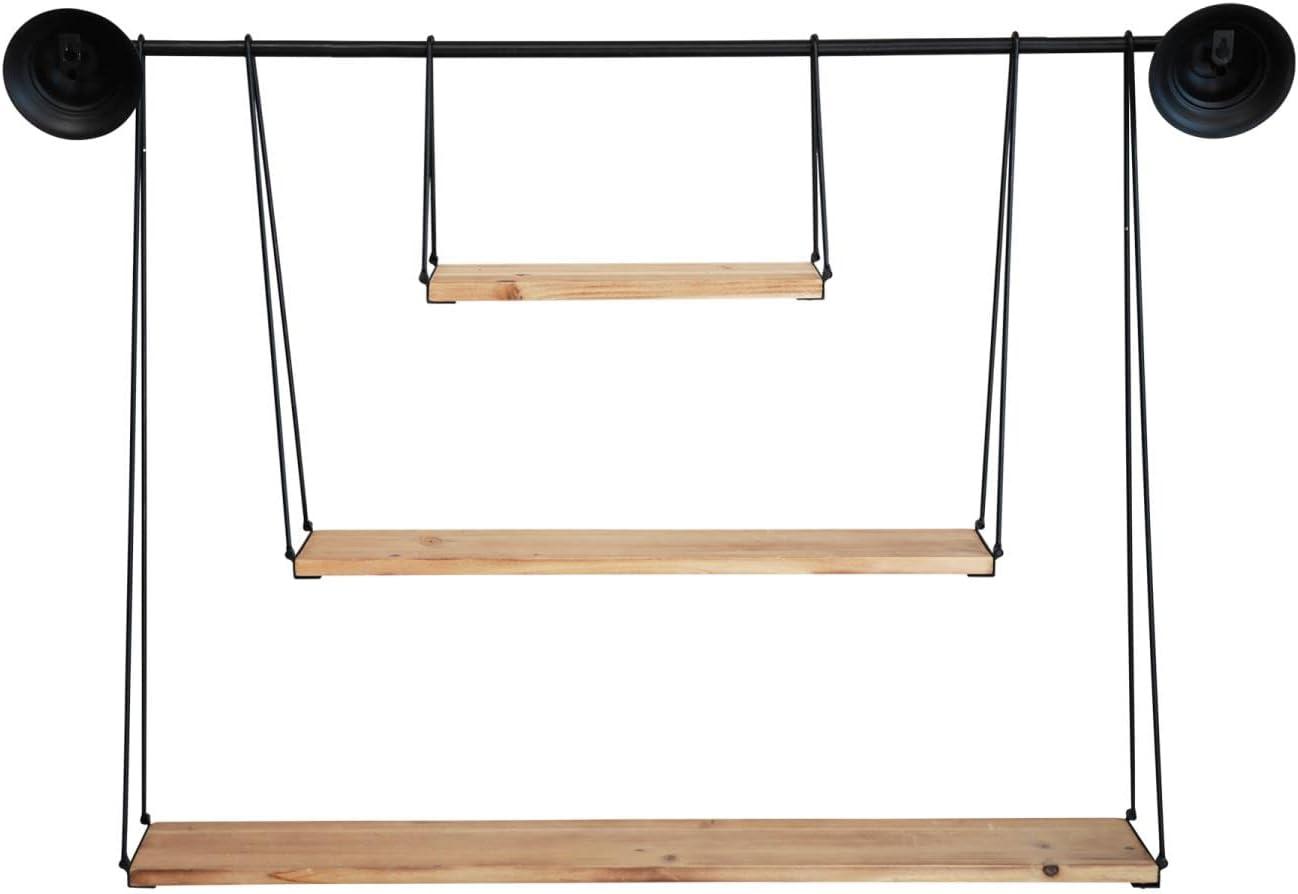 Modern Black Fir Wood and Metal 3-Tier Wall Shelf