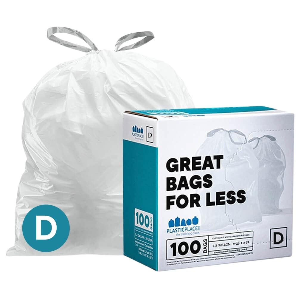 Plasticplace Trash Bags Compatible with simplehuman Code D 5.3 Gallon / 20 Liter White 15.75" x 28" (100 Count)