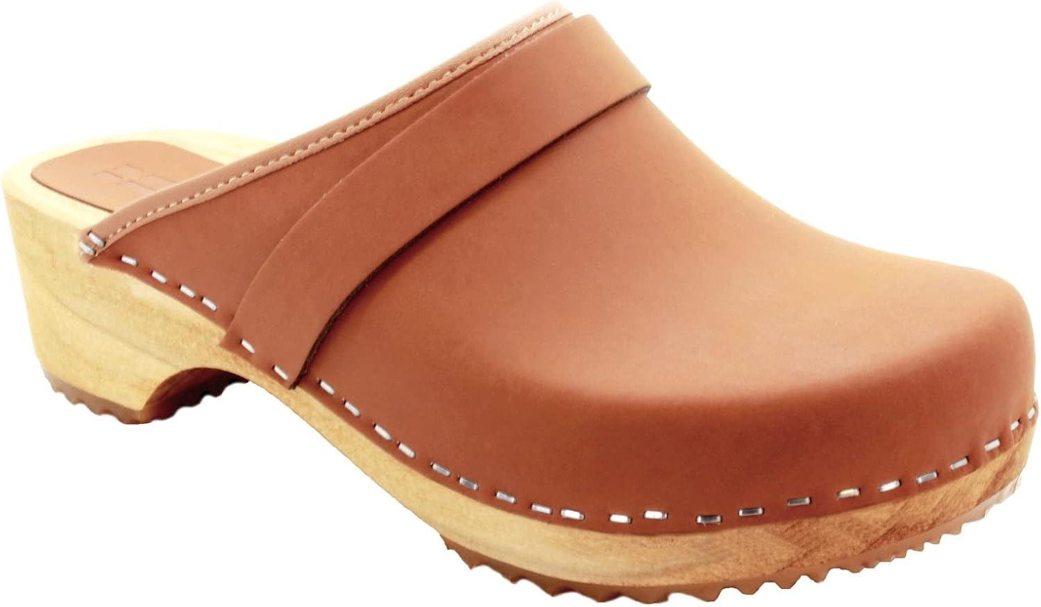 Cognac Genuine Leather Women's Casual Clogs with Wood Outsole