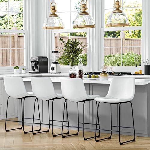 Bar Stools Set of 2, 26inches Counter Height Barstools with Back, Modern Bar Stool for Kitchens Island, Faux Leather Bar Chairs with Metal Legs and Footrest (White)
