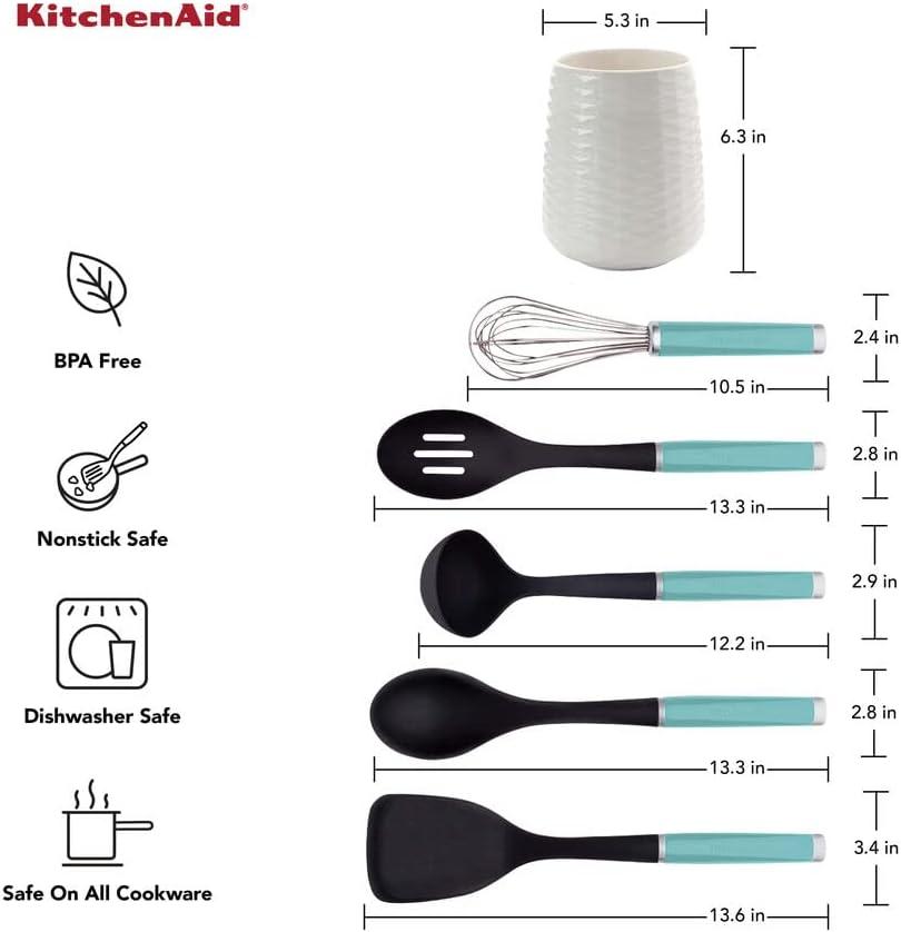 Aqua and Black 6-Piece Nylon Kitchen Tool Set with Ceramic Crock