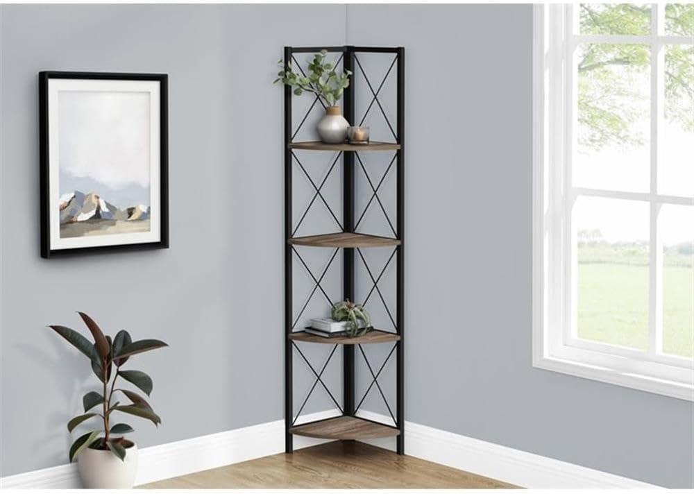 Monarch Specialties Bookshelf Bookcase Etagere Corner 4 Tier 60InchH Office Bedroom Metal Laminate Brown Black Contemporary Modern