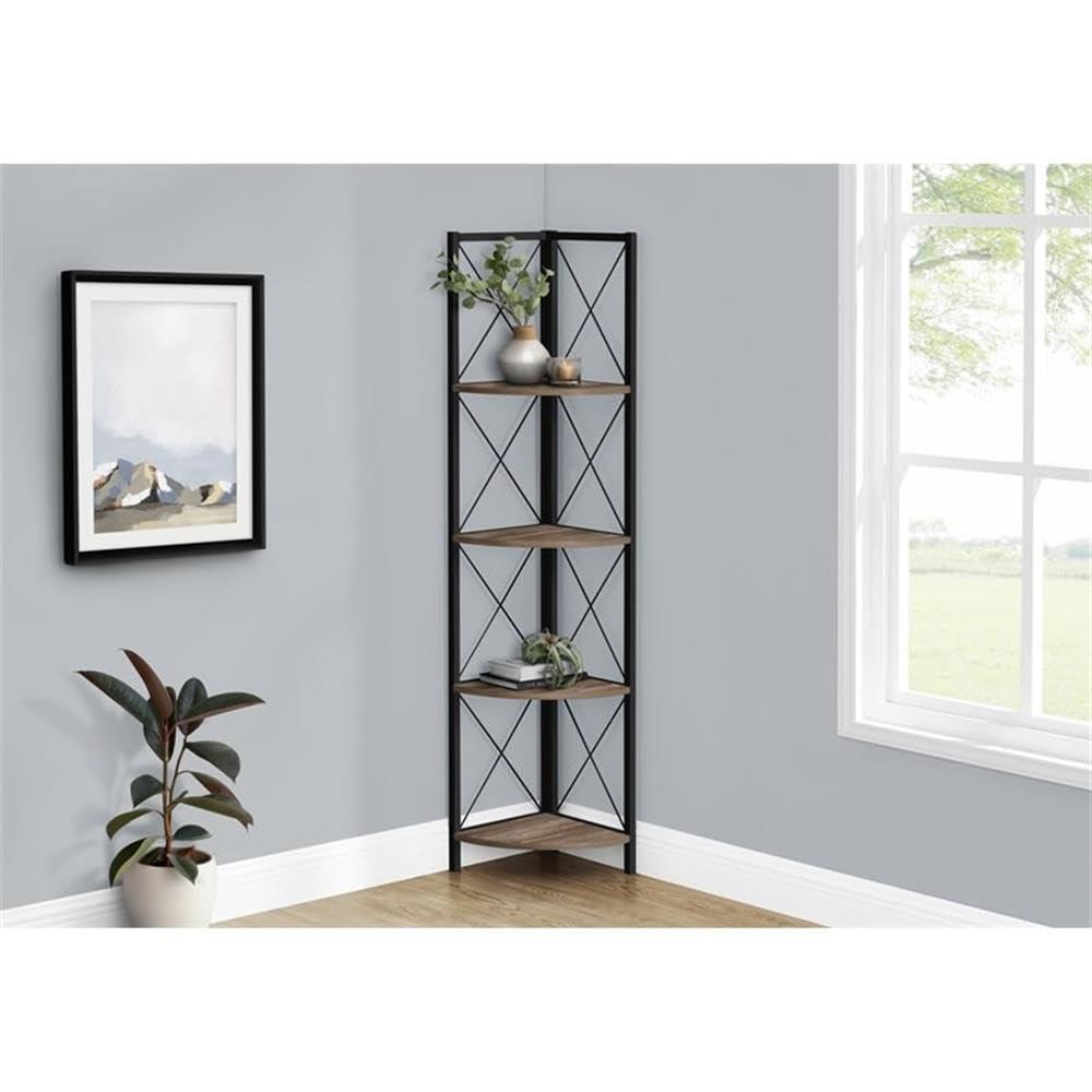 Monarch Specialties Bookshelf Bookcase Etagere Corner 4 Tier 60InchH Office Bedroom Metal Laminate Brown Black Contemporary Modern