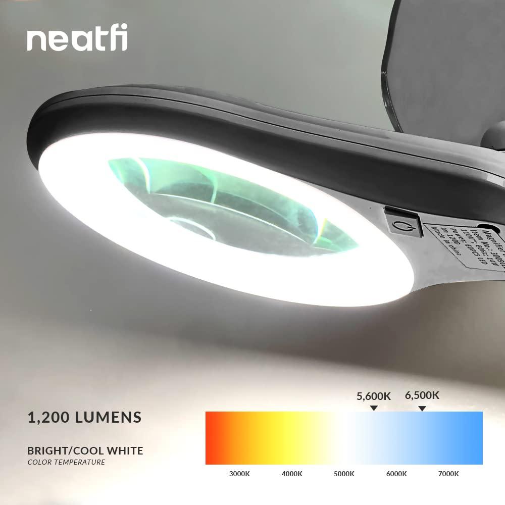 Neatfi (New Model Bifocals 1,200 Lumens Super LED Magnifying Lamp with Clamp, Dimmable, 60 Pcs SMD LED, 5 Inches Diameter Lens, Adjustable Arm (5 Diopter + 20 Diopter, White)