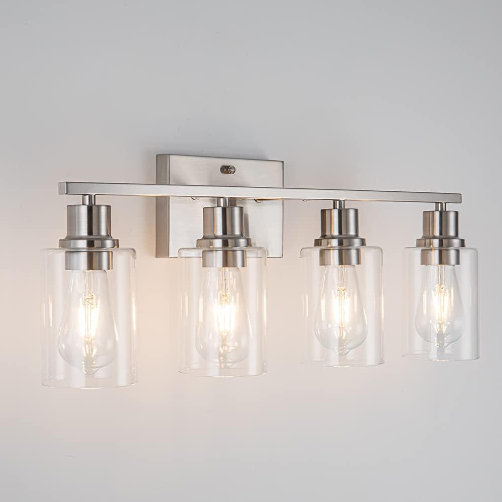 Brushed Nickel 4-Light Bathroom Vanity Fixture with Clear Glass Shades