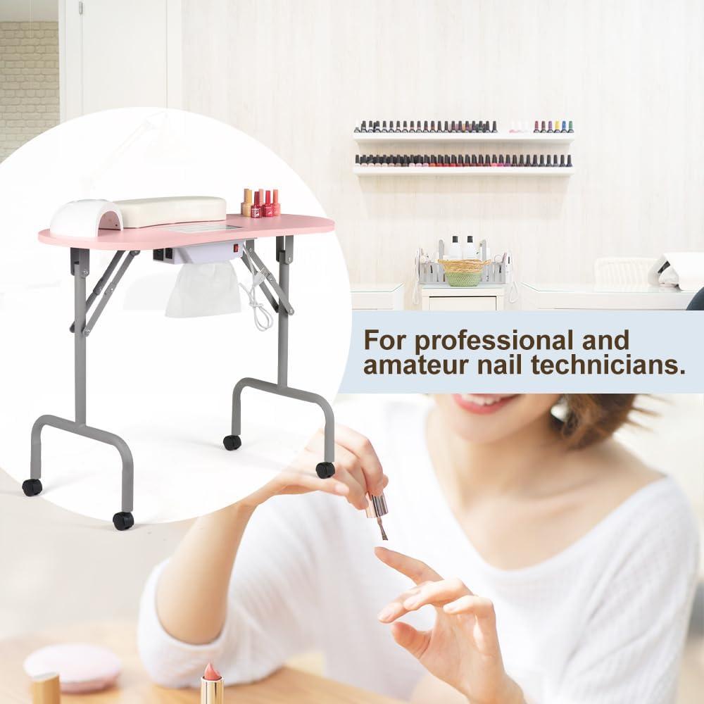 Portable Manicure Table Foldable Nail Desk with Large Drawer Nail Tech Table for Technician Salon Workstation Client Wrist Cushion/Carry Bag/4 Lockable Wheels, 36-inch, Pink