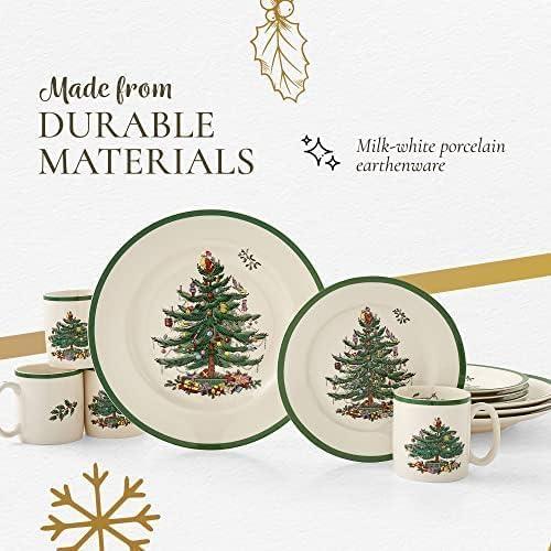 Spode Christmas Tree Collection 16-Piece Dinnerware Set, 10" Dinner Plate, 7.25" Salad Plate, 16 oz Cereal Bowl, 9 oz Mug