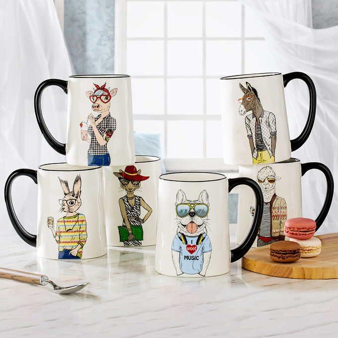 Hipster Animal Cartoon Ceramic White Coffee Mug Set