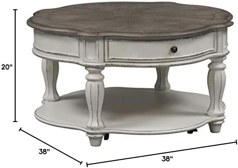 Antique White Round Wood Cocktail Table with Storage