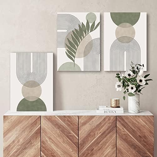 Sage Green Boho Wall Art Set of 3, Minimalist Framed Wall Art Geometric Line Leaf Sun Moon Beige Green Canvas Artwork Paintings, Abstract Botanical Boho Room Decor, Sage Green Wall Posters 12"x16"