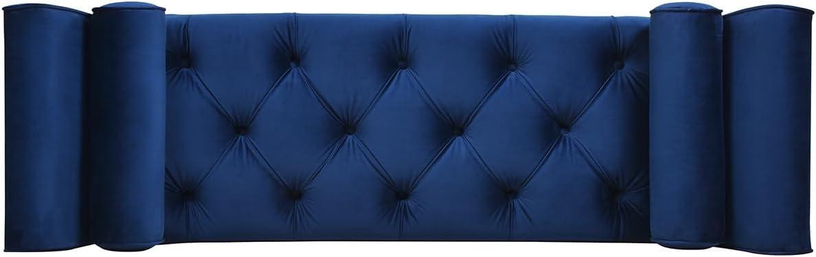 Navy Blue Velvet Mahogany Finish Mid-Century Bedroom Bench