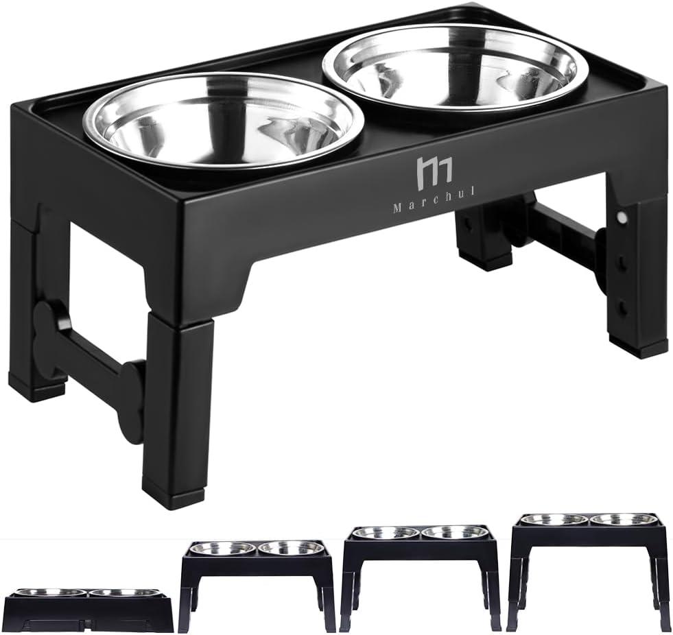 Marchul Elevated Dog Bowls, 4 Height Adjustable Raised Dog Bowls with 2 Stainless Steel, Non-Slip Dog Food and Water Bowl with Stand Adjusts to 3.5”,9.05”,10.6”,12.2” for Small Medium Large Dog Pets