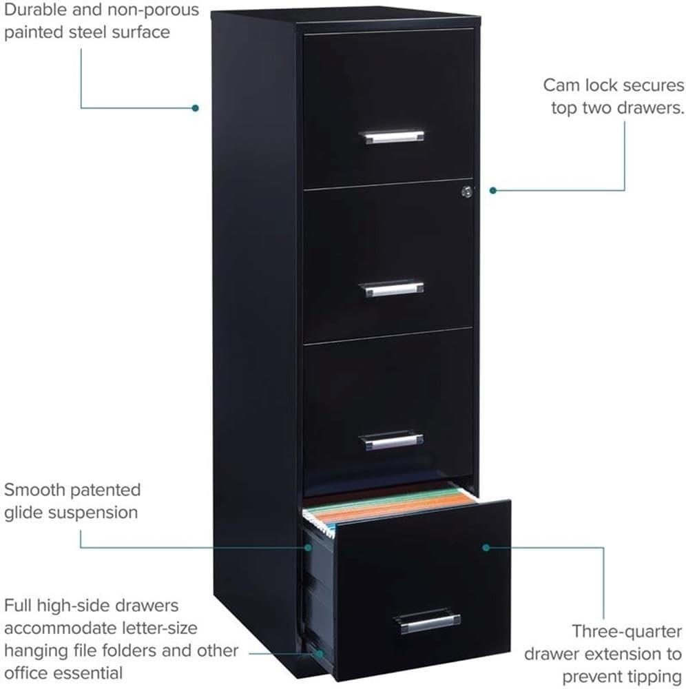 Black Steel 4-Drawer Lockable Vertical File Cabinet